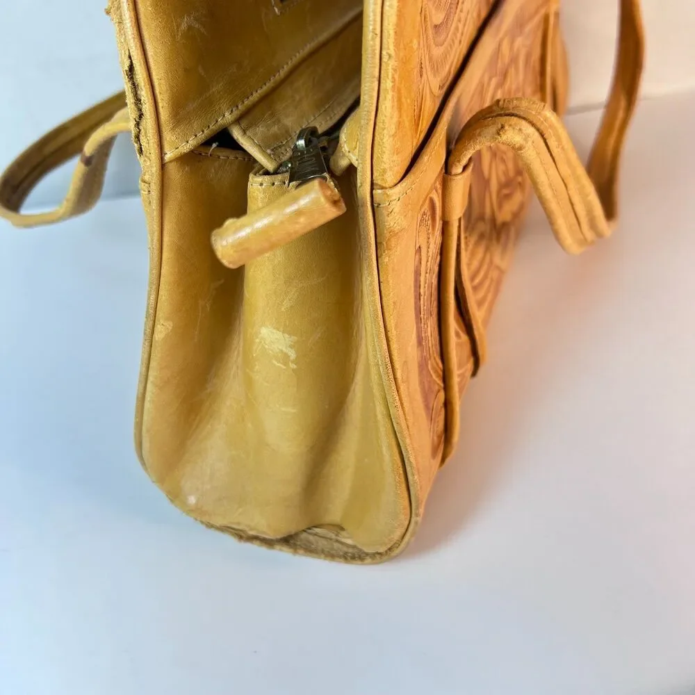 Mexican Tan Leather Rose Detail Tooled Vintage 50-60s Satchel Handbag